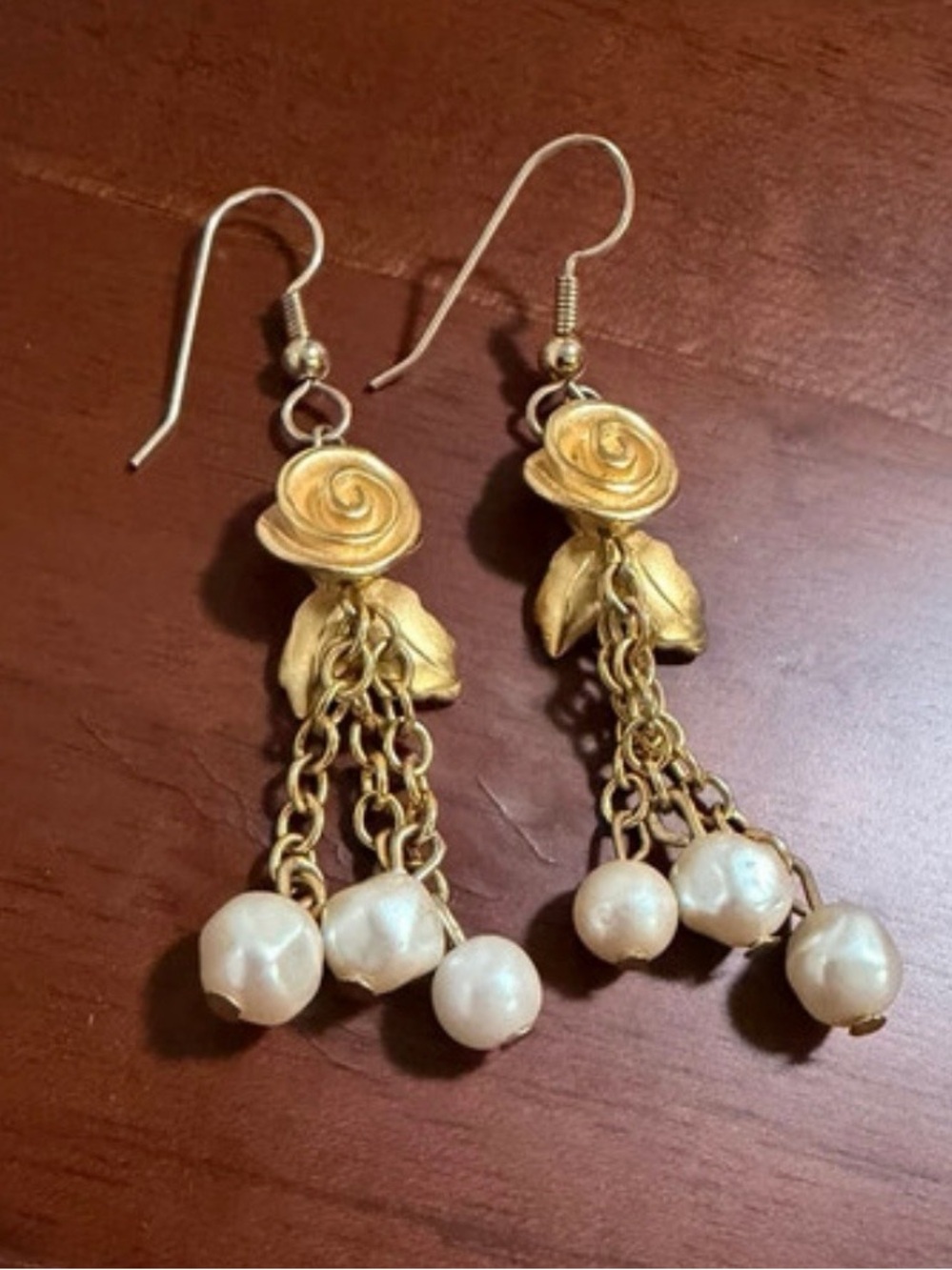 Vintage 1980s Givenchy Paris Gold Rose Flower Tassel Baroque Pearl Drop Earrings